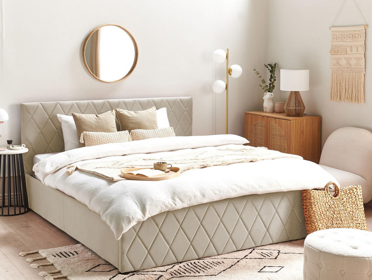 BETT mit Stauraum 180/200 cm Samtstoff Beige Rochefort - Beige, Textil (180/200cm) - Beliani
