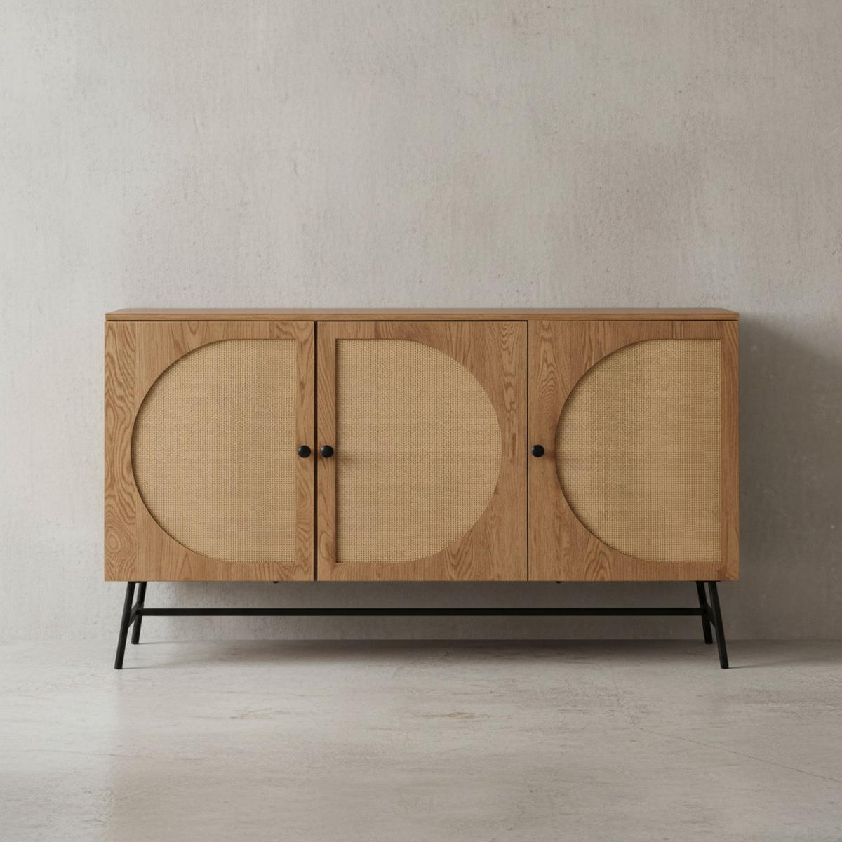 SIDEBOARD – Eiche-Dekor/Rattan, 140x80x39 cm, 3 Türen, hoch - Schwarz/Braun, Holzwerkstoff/Metall (140/80/39cm) - KADIMA DESIGN