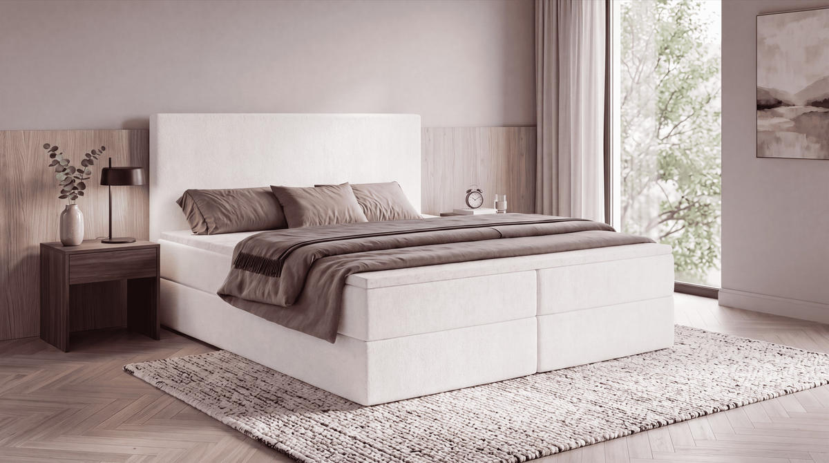 BOXBETT SENTO 140x200 cm mit Bettkasten, Bonell-Matratze H3 und Topper – Bouclé Weiß - Weiß, Textil (140/200cm) - Luxkor24