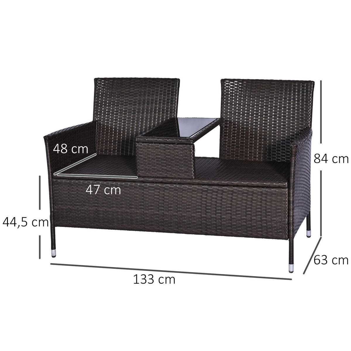 POLYRATTAN Gartenbank mit Tisch 2-Sitzer Stahl Braun B133 x T63 x H84cm - Braun, Kunststoff (63/84/133cm) - Outsunny