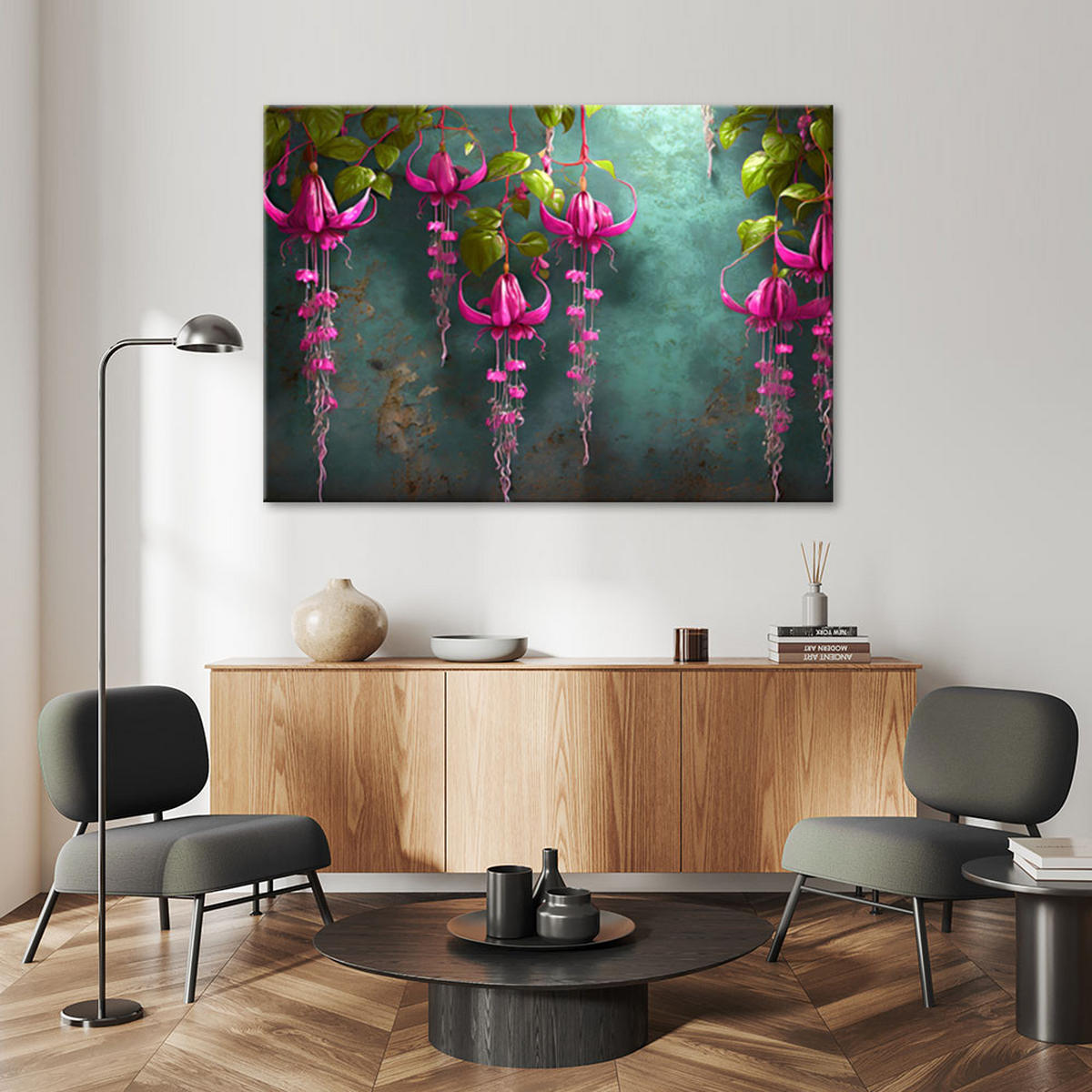 LEINWANDBILD Hängende Glyzinienblüten - Grün, Textil (90/60cm) - Feeby
