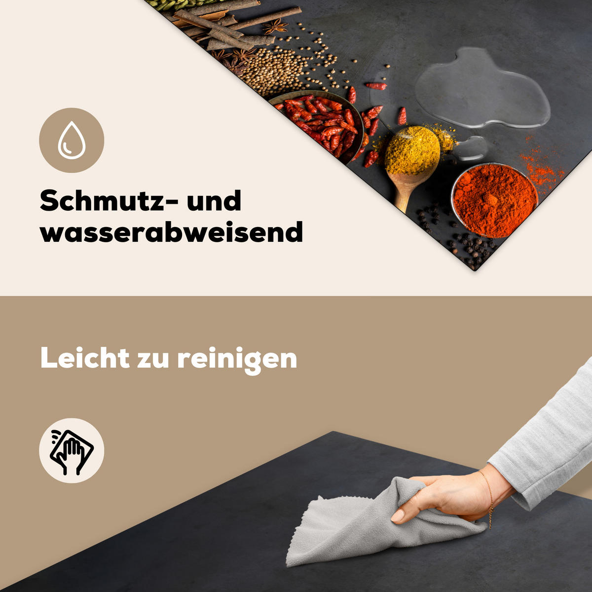 HERDABDECKPLATTE Kräuter - Lebensmittel - Gewürze - Schwarz - Paprika - Zimt Induktionsmatte 78x78 cm - Currygelb, Kunststoff (78/78/0.2cm) - MuchoWow