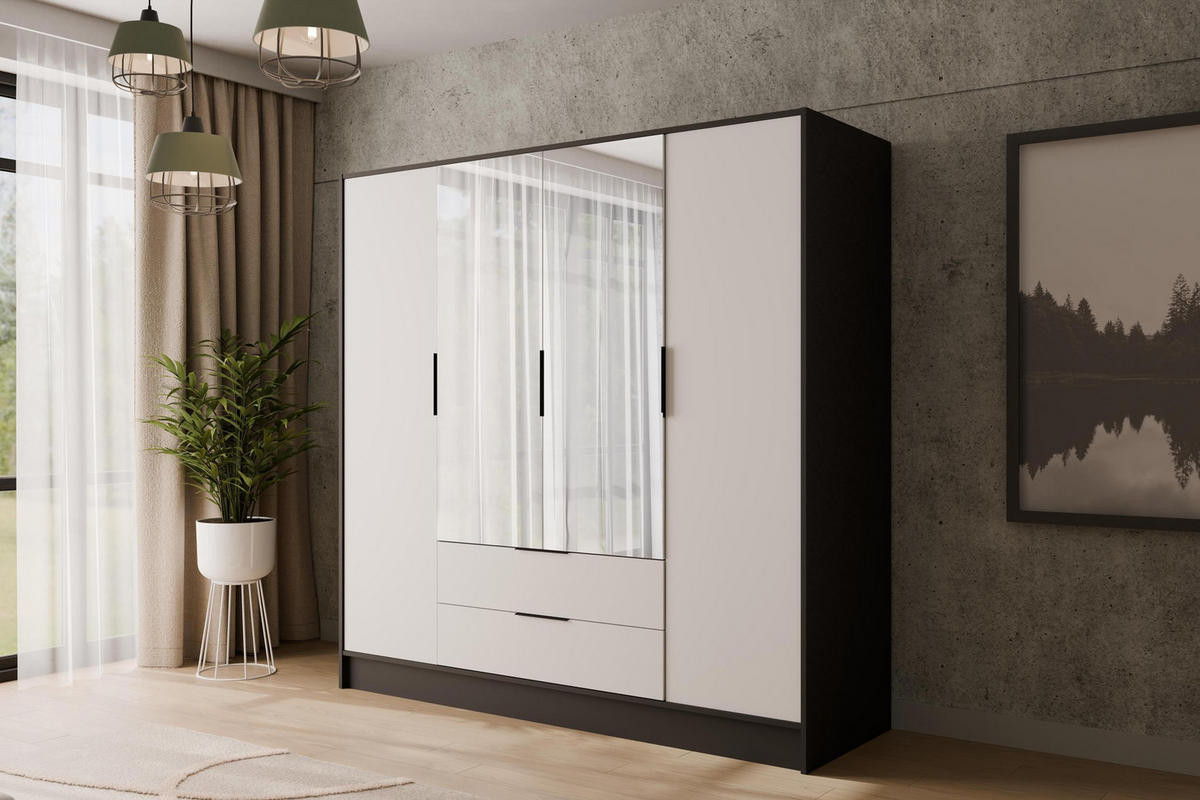 KLEIDERSCHRANK mit Spiegel und Flügeltüren KOLIN 200x200cm Schwarz / Weiß - Schwarz/Weiß, Holzwerkstoff (200/200/51cm) - ALTDECOR
