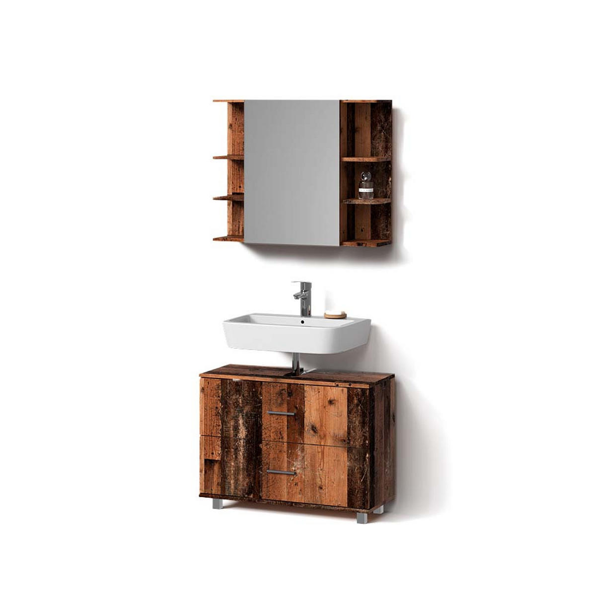 BADMÖBEL-SET Eisak Eiche rustikal 2 Teile, Unterschrank 80 cm - Wildeiche, Holzwerkstoff (80/60/33cm) - Livinity®