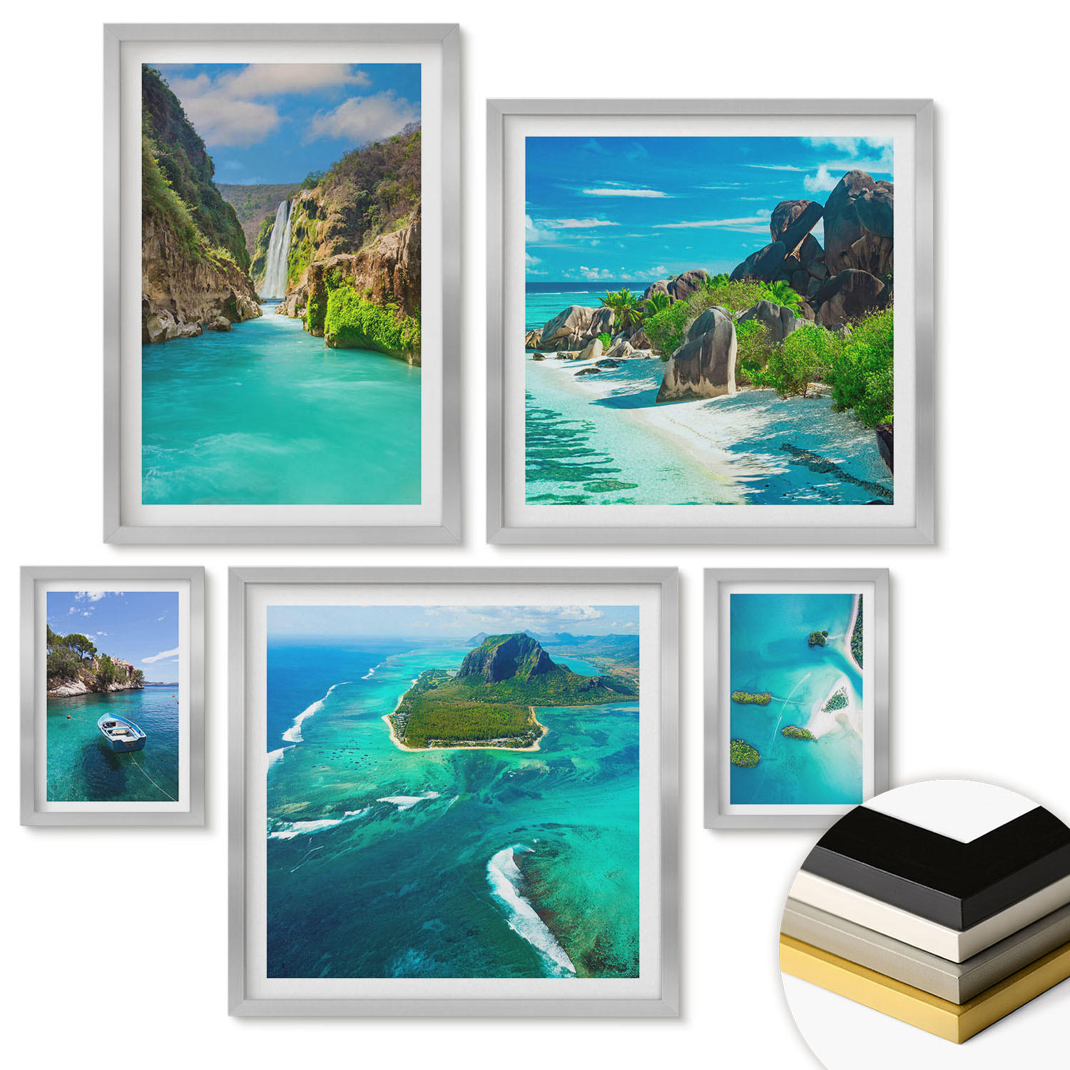 WANDBILDER 5er Set - 50x50 cm & 20x30 cm & 40x60 cm Silberner Rahmen - Seeboote Hirsche Berge - Silberfarben, Kunststoff (40/60cm) - ArtPrintCave