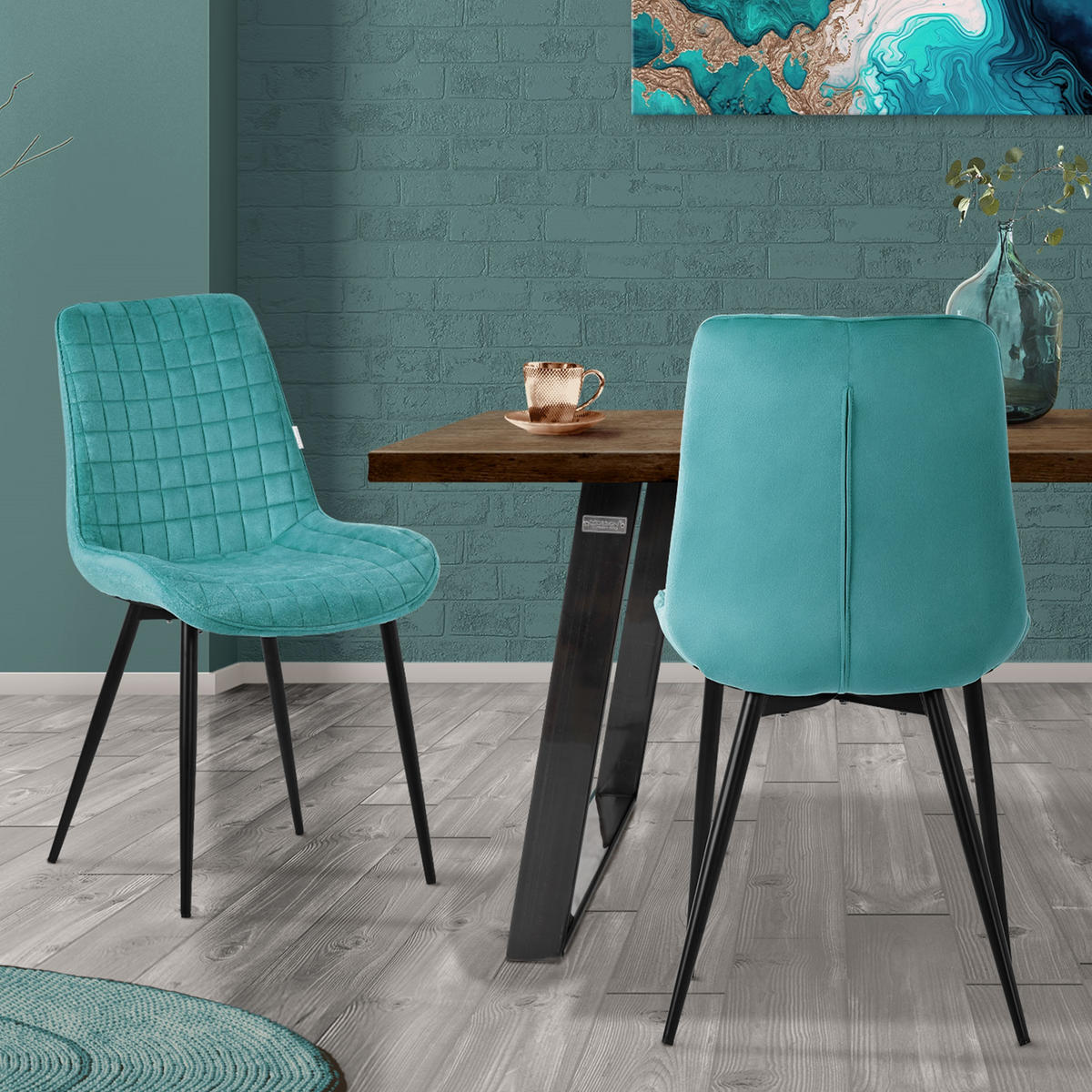 ESSZIMMERSTÜHLE 2ER-SET Petrol Samt - Petrol/Schwarz, Textil/Metall (52/89/60cm) - ML-DESIGN