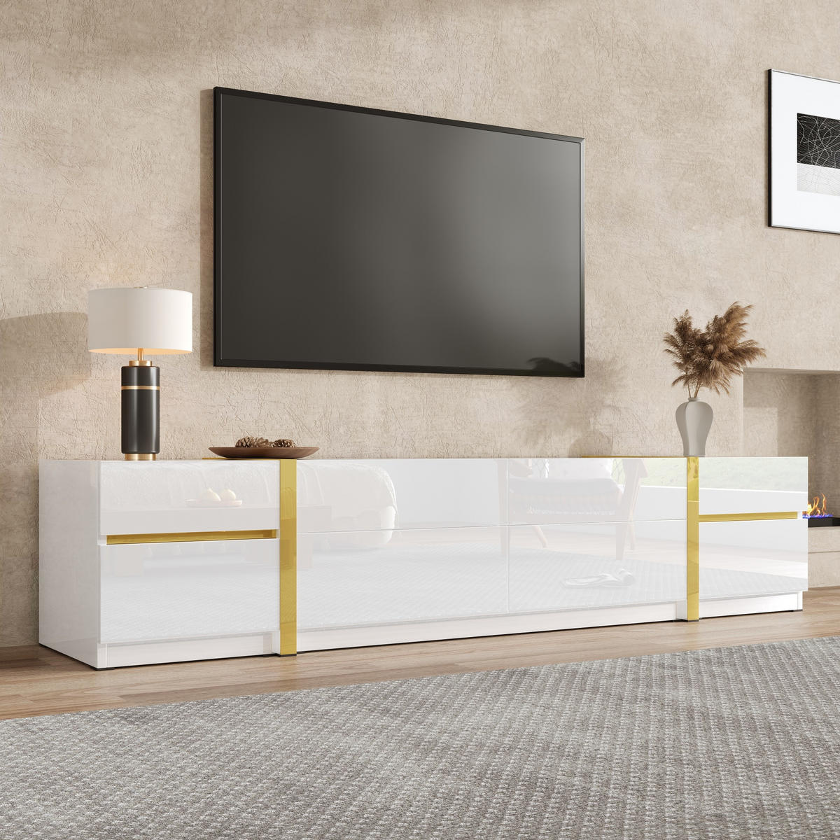 TV-SCHRANK Lowboard Hochglanz Goldkante Türen Schubladen - Weiß, Holz (180/38/40cm) - LEBENLANG