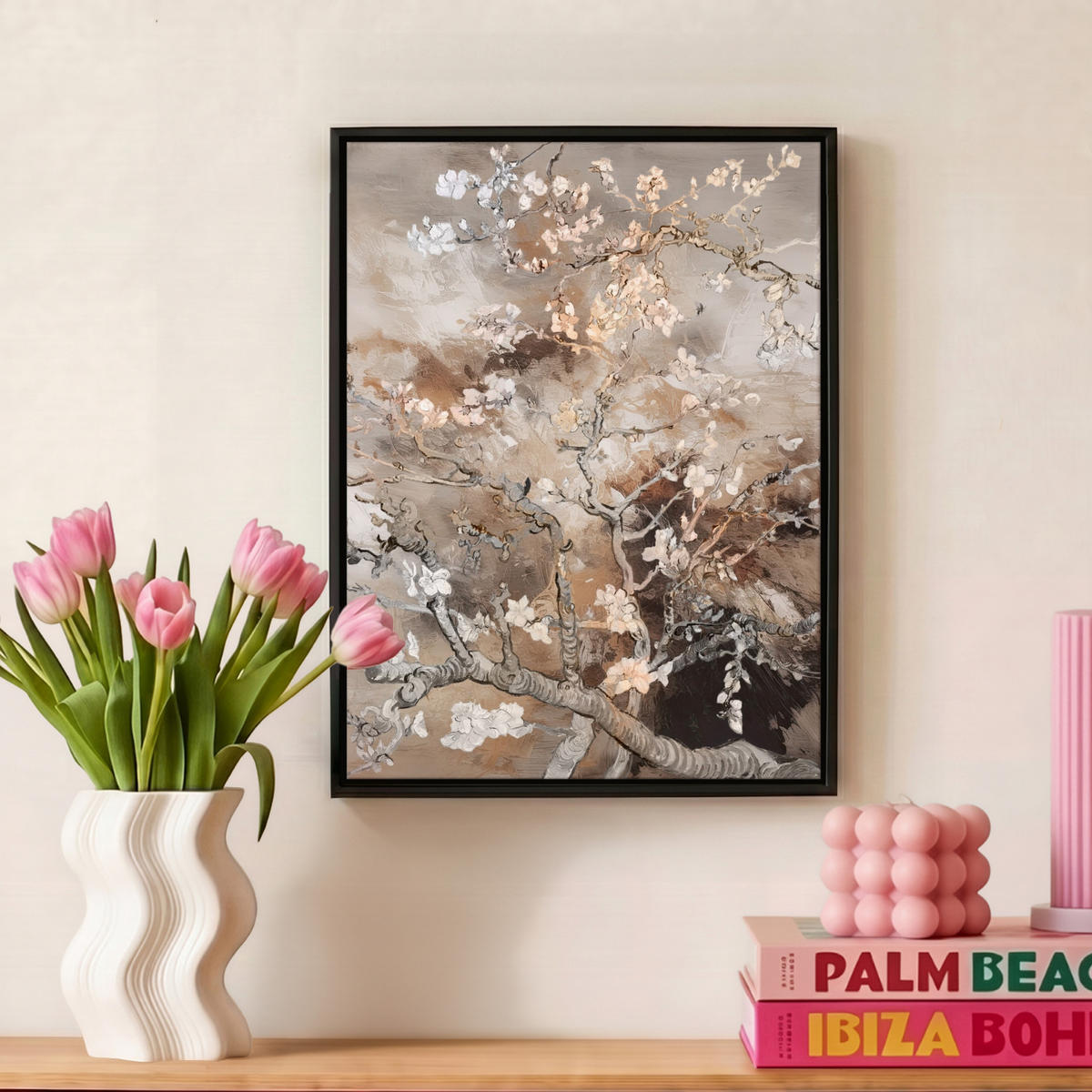LEINWAND Bilder mit Rahmen - Mandelblüte - Kunst - Van Gogh - Beige - Abstrakt - 30x40 - Braun, Textil (30/40cm) - MuchoWow