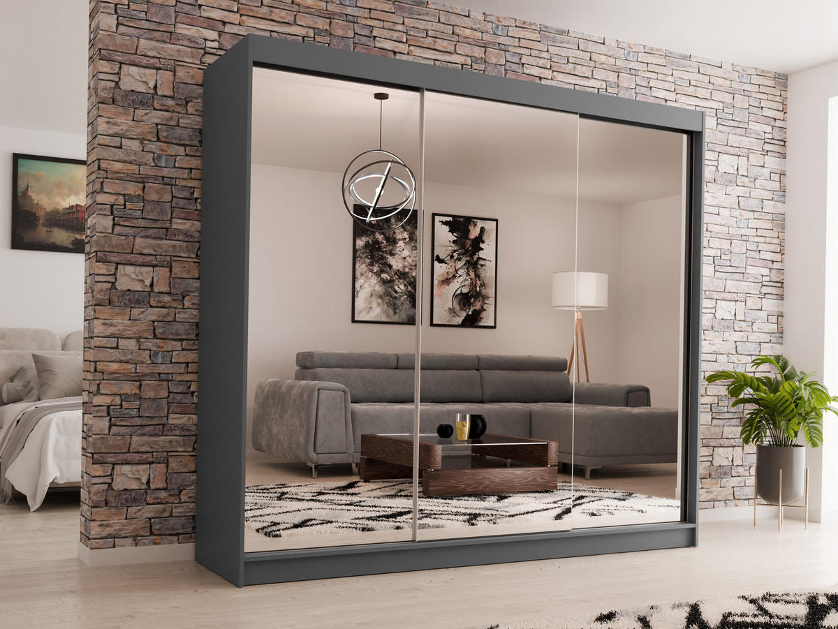 SCHWEBETÜRENSCHRANK Debra 240/216/61 graphit mit Spiegel - Graphitfarben, Holzwerkstoff (240/216/61cm) - Beautysofa