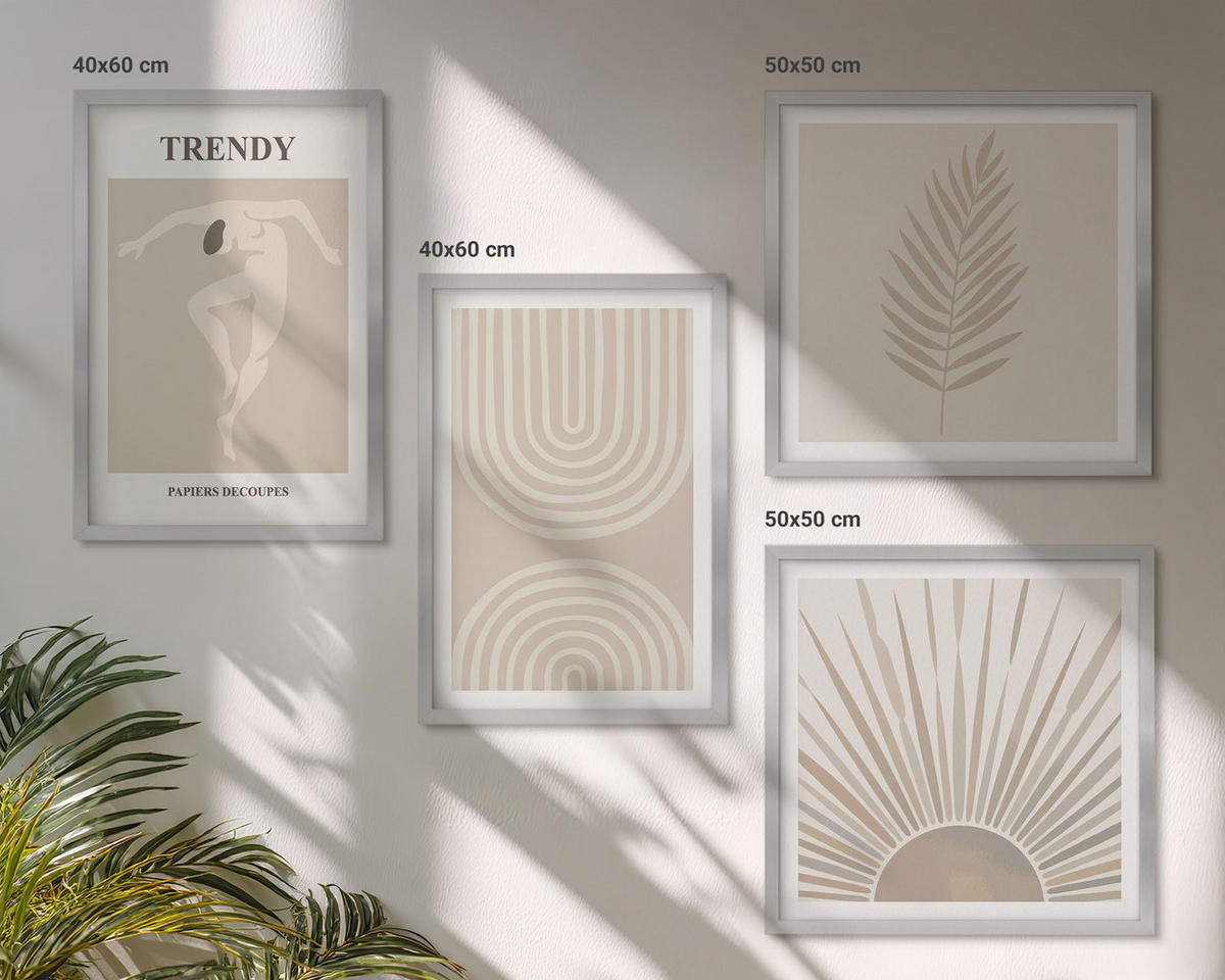 BILDER SET 4er Set - 50x50 cm & 40x60 cm Silberner Rahmen - Abstrakte Poster im Boho-Stil in Pastellfarben - Silberfarben, Kunststoff (50/50cm) - TULUP
