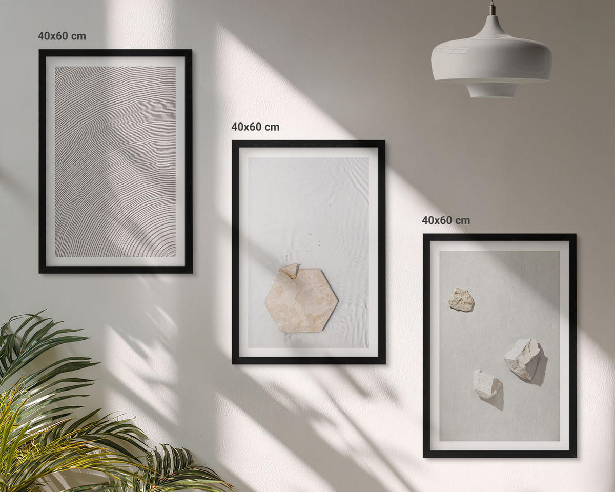 WANDBILDER 3er-Set - 40x60 cm Schwarzer Rahmen - Leichte Boho-Sandtexturen - Schwarz, Kunststoff (40/60cm) - ArtPrintCave