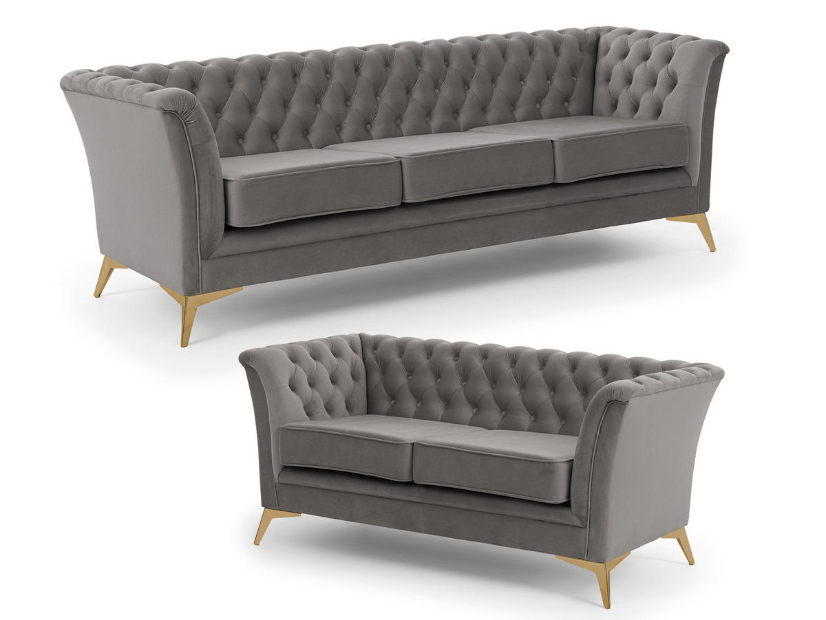 SITZGARNITUR 3+2 Chesterfield Whitby Grau Samt mit goldenen Füßen - Goldfarben/Grau, Holz/Textil (237/78/82cm) - S-Style Möbel