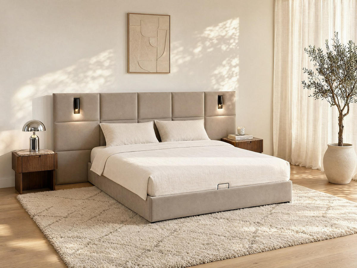 BETT mit Bettkasten - 2 Personen - Samt, Stoff - Taupe - - Taupe, Textil (180/200cm) - Vente-Unique