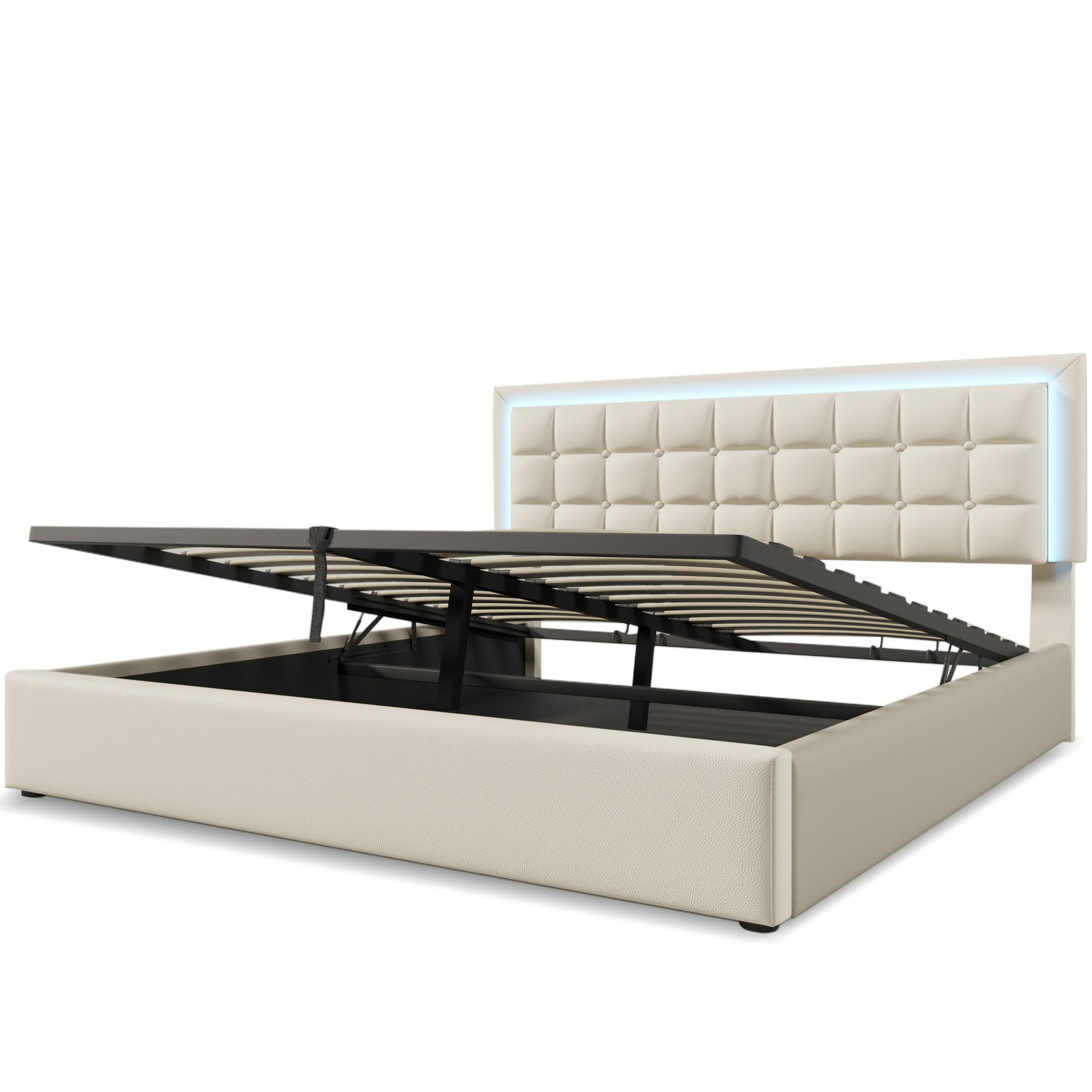 POLSTERBETT 140/200 cm mit Matratze LED-Beleuchtung, Bettkasten und Taschenfederkernmatratze, Weiß - Weiß, Kunststoff - Redom