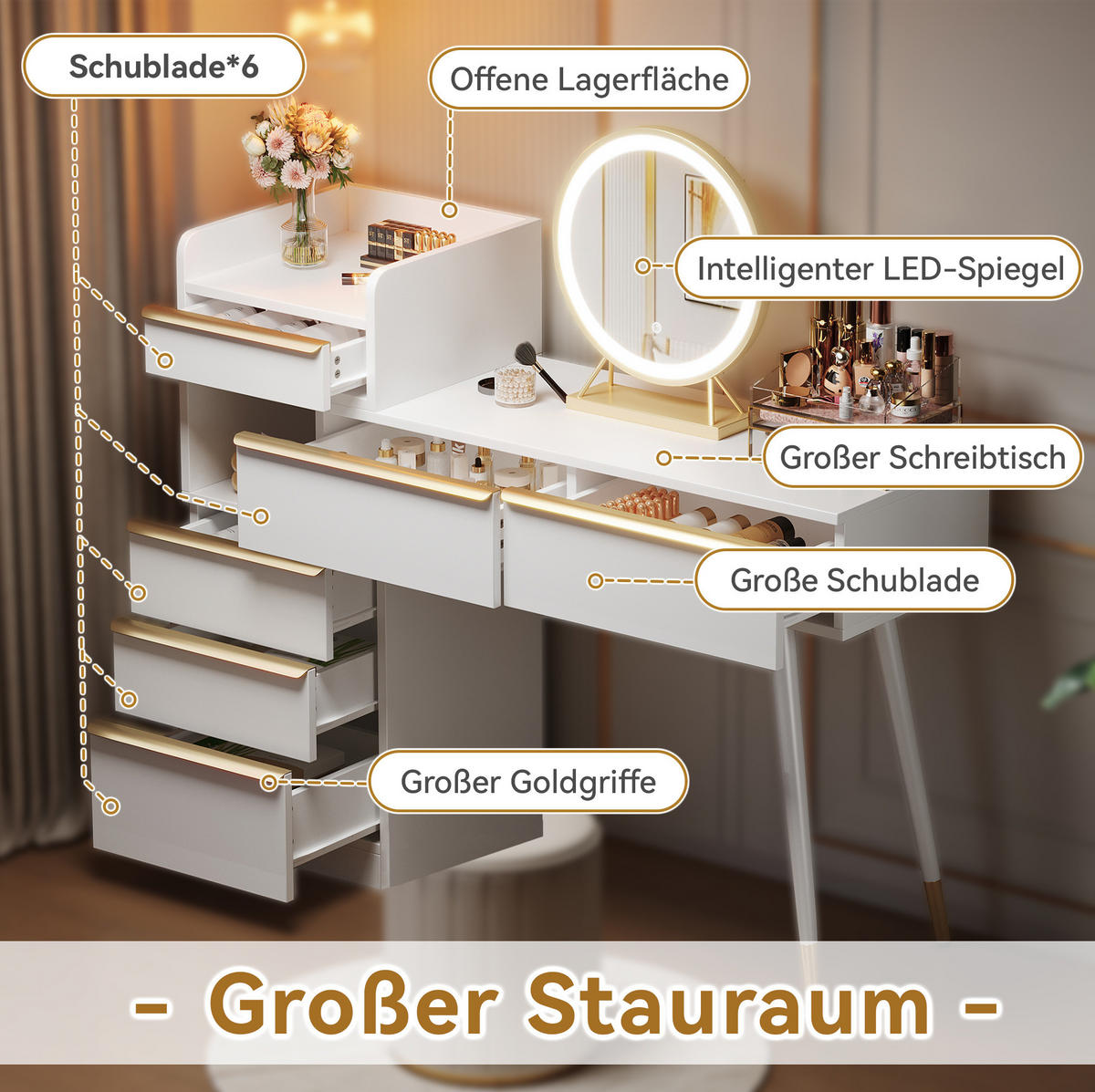 SCHMINKTISCH aus Spanplatte 100x41,5x102 cm Weiß mit LED-Spiegel, ausziehbarer Tischplatte und 6 Schubladen - Weiß, Holzwerkstoff (100/102/41.5cm) - Modfu