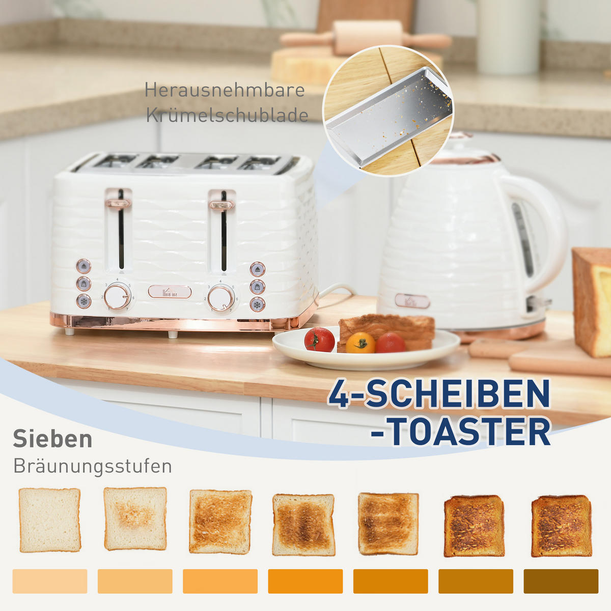 WASSERKOCHER-TOASTER-SET mit 1,7 L Wasserkocher 4 Scheiben-Toaster Cremeweiß - Creme, Kunststoff (19.5/23.2/24.1cm) - HOMCOM