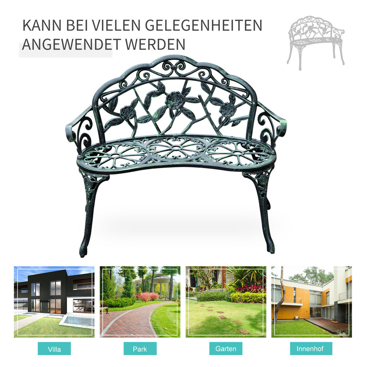 GARTENBANK, Parkbank, 100 x 54 x 78 cm, Metall, Antik Grün - Grün, Metall (54/78/100cm) - Outsunny