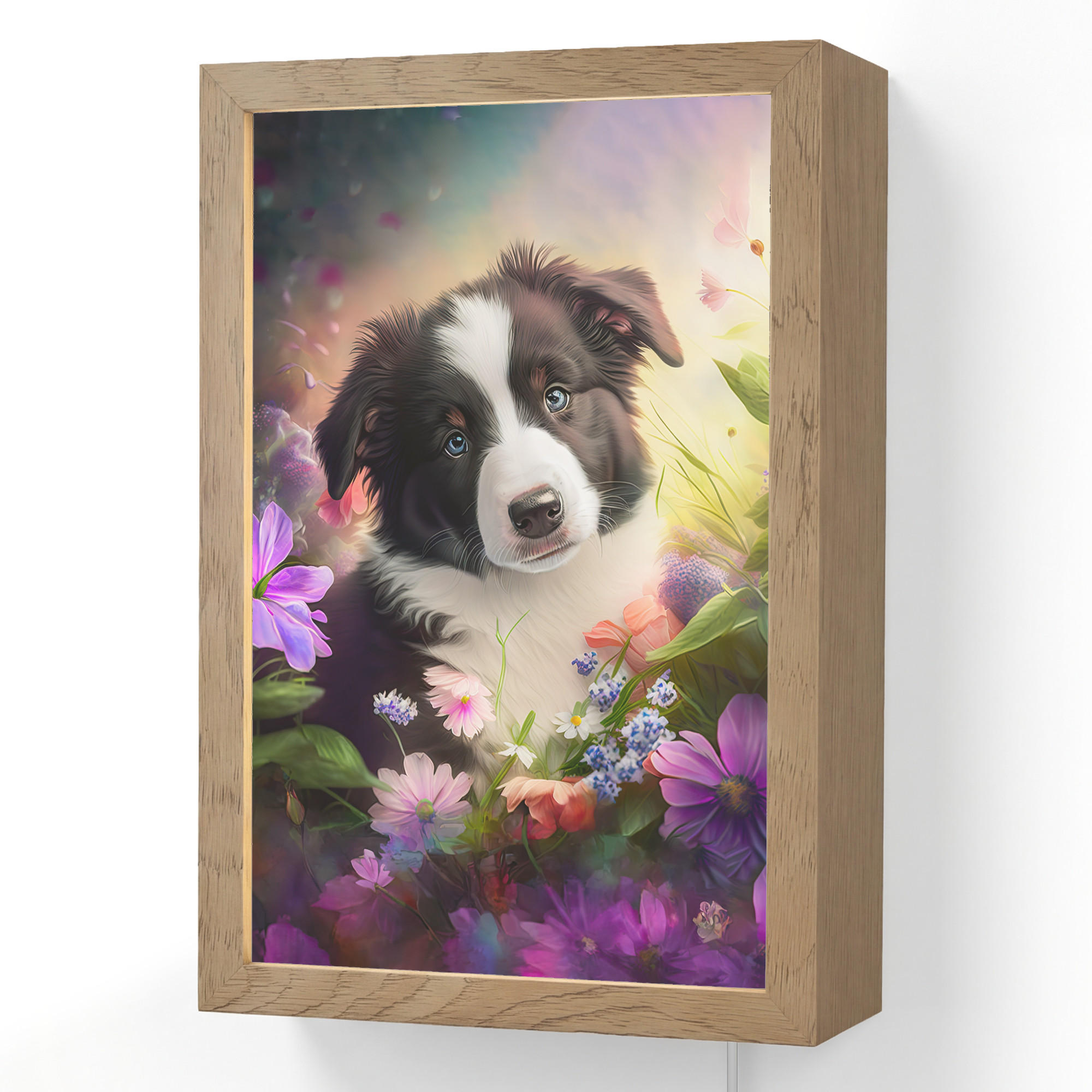 NÁSTĚNNÁ LAMPA Štěně - Slunce - Květiny - Příroda - Border kolie - Pes 20x30 cm - fialová, kompozitní dřevo (20/30/8cm) - OnlyWow