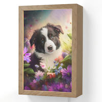 NÁSTĚNNÁ LAMPA Štěně - Slunce - Květiny - Příroda - Border kolie - Pes 20x30 cm - fialová, kompozitní dřevo (20/30/8cm) - OnlyWow