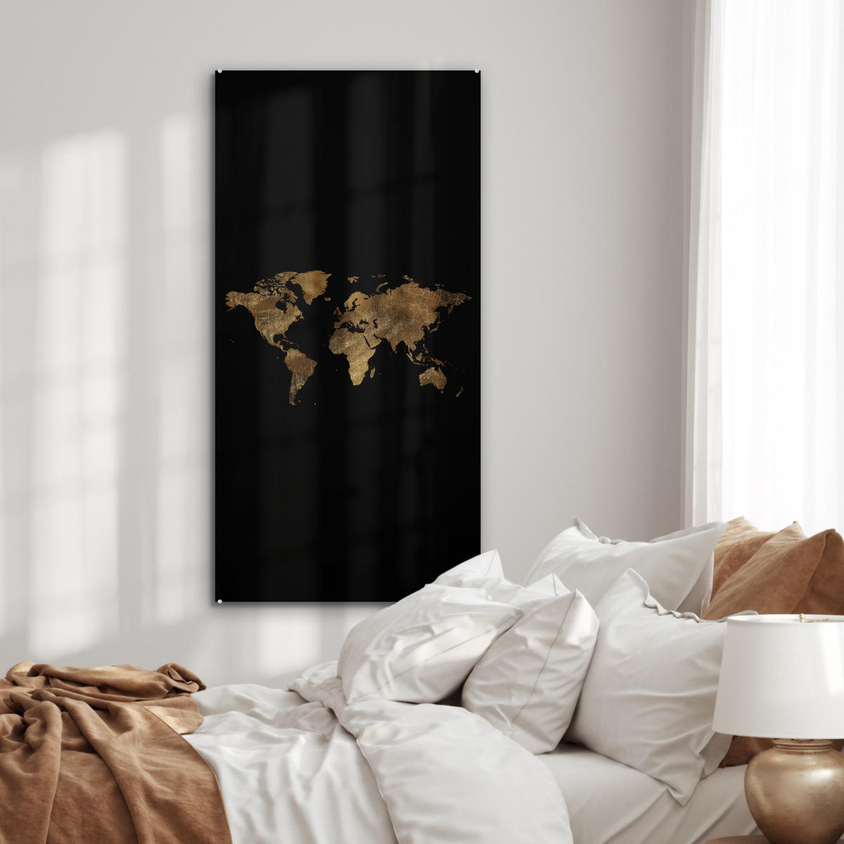 ACRYLGLASBILD Weltkarte - Gold - Luxus - Erde - Schwarz 60x120 cm - Goldfarben, Glas (60/120cm) - MuchoWow