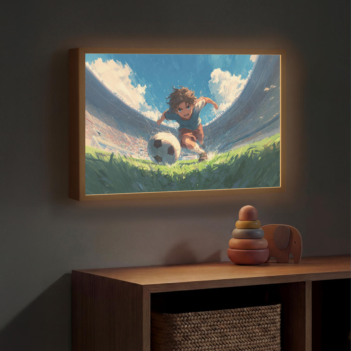 NACHTTISCHLAMPE MIT AKKU Stadion - Fußballer - Ball 60x40 cm - Blau, Holzwerkstoff (8/60/40cm) - OnlyWow