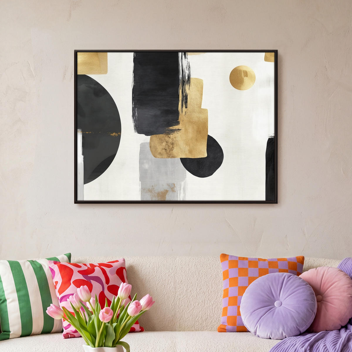 LEINWAND Bilder mit Rahmen - Gold - Rechtecke - Kreise - Abstrakt - 70x50 - Weiß, Textil (70/50cm) - MuchoWow