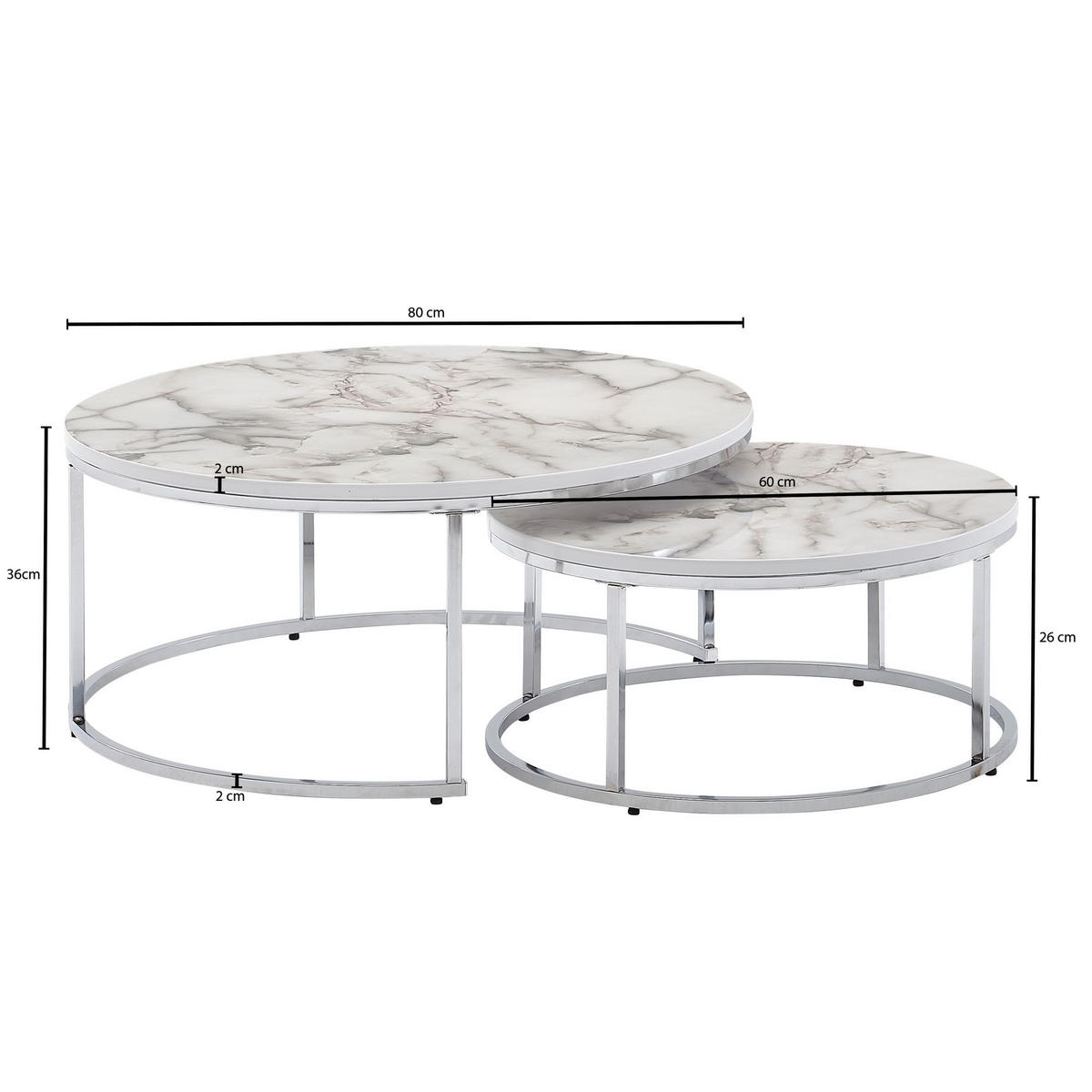 COUCHTISCH 2er Set Marmoroptik Metall Eichenholz Ineinanderschiebbar, Silber 80x80x36 cm - Silberfarben, Holz/Metall (80/80/36cm) - KADIMA DESIGN