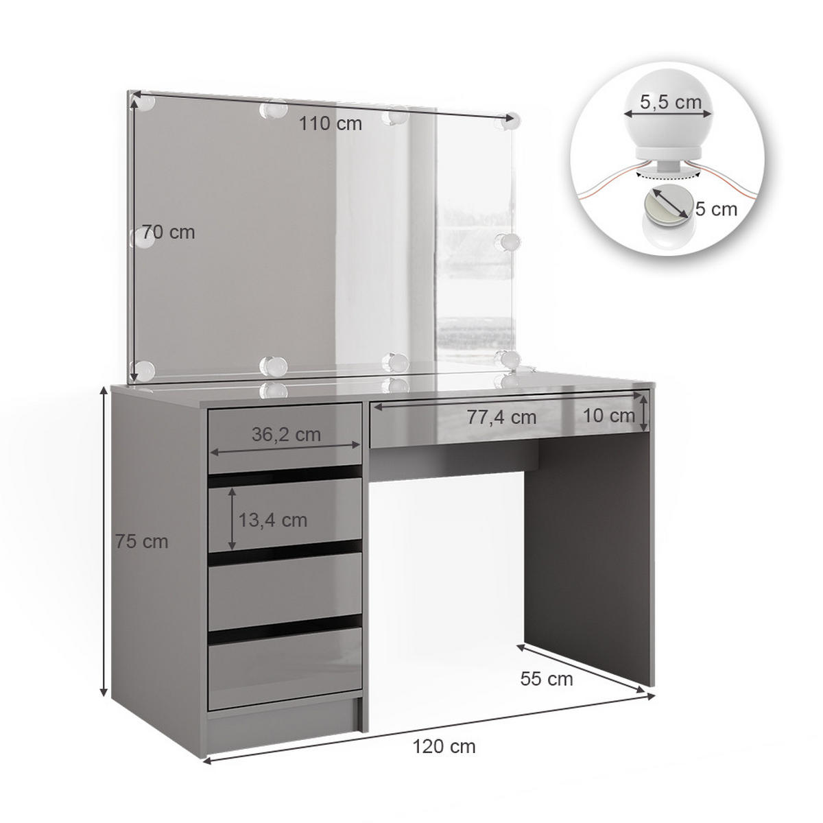 SCHMINKTISCH Sherry Grau 120 cm mit LED Beleuchtung - Grau, Holzwerkstoff (120/75/55cm) - Vicco