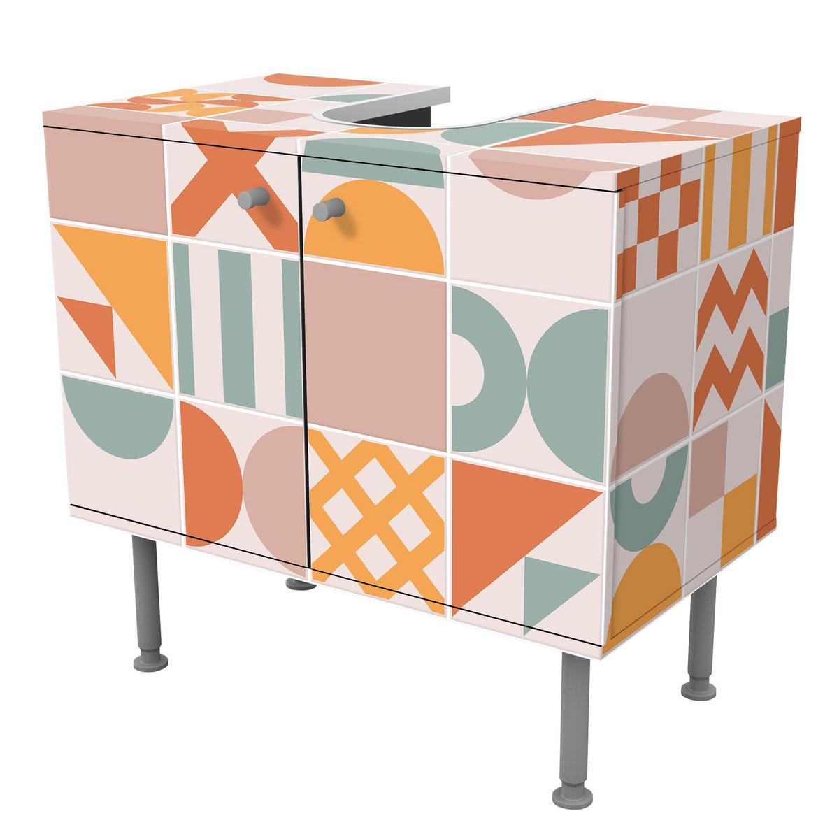 WASCHBECKENUNTERSCHRANK Fliesen Geometrische Formen Apricot und Türkis 60/55/35 cm - Orange, Holzwerkstoff (60/55/35cm) - Bilderwelten