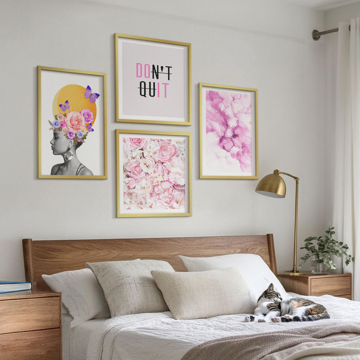 WANDBILDER 4er Set - 50x50 cm & 40x60 cm Goldrahmen - Abstraktes Blumenporträt einer Frau - Goldfarben, Kunststoff (50/50cm) - ArtPrintCave