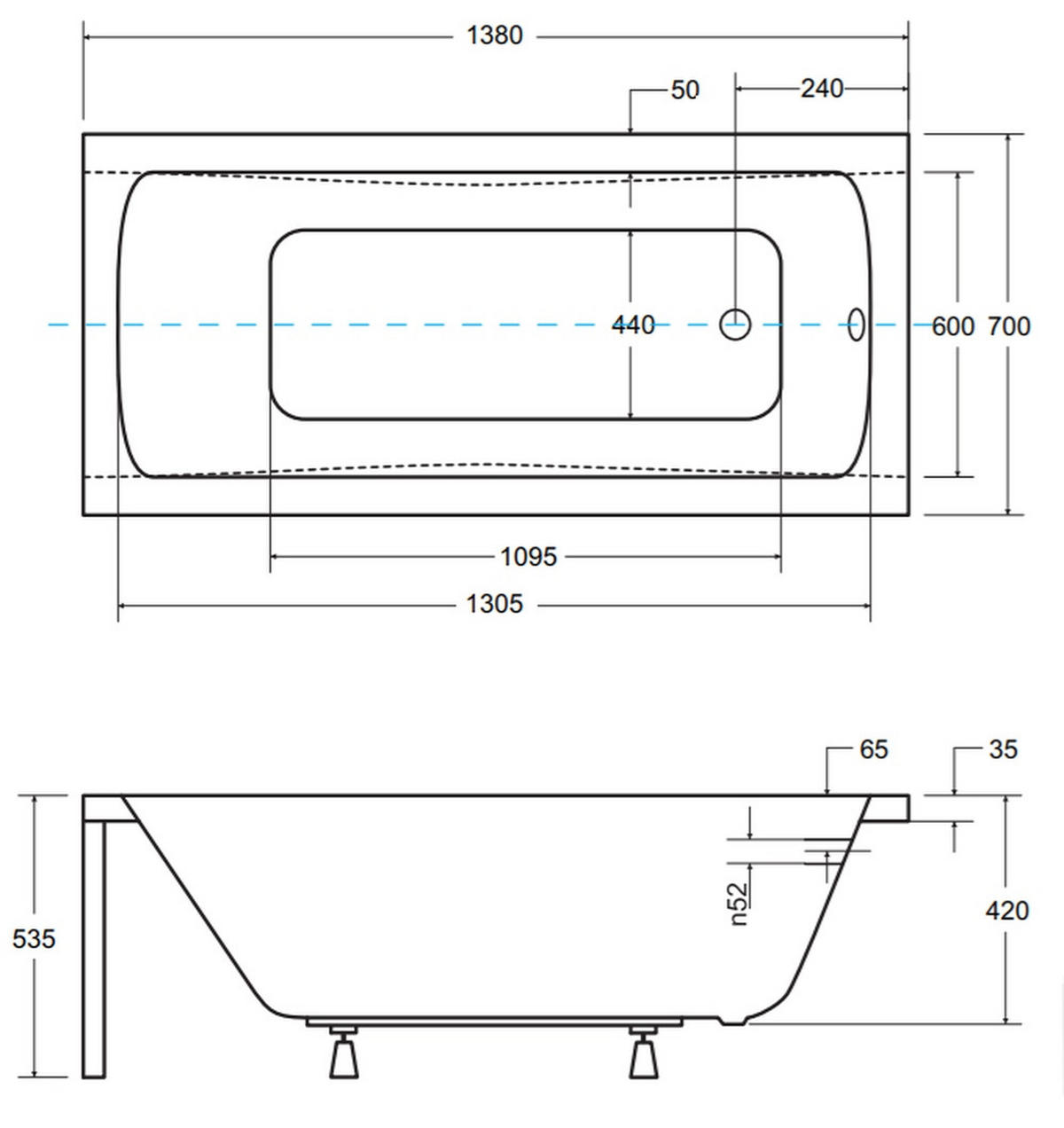 BADEWANNE Rechteck OPTIMA 140/70 + Schürze + Ablage Ablauf Füße - Weiß, Kunststoff (70/53.5/140cm) - bad land