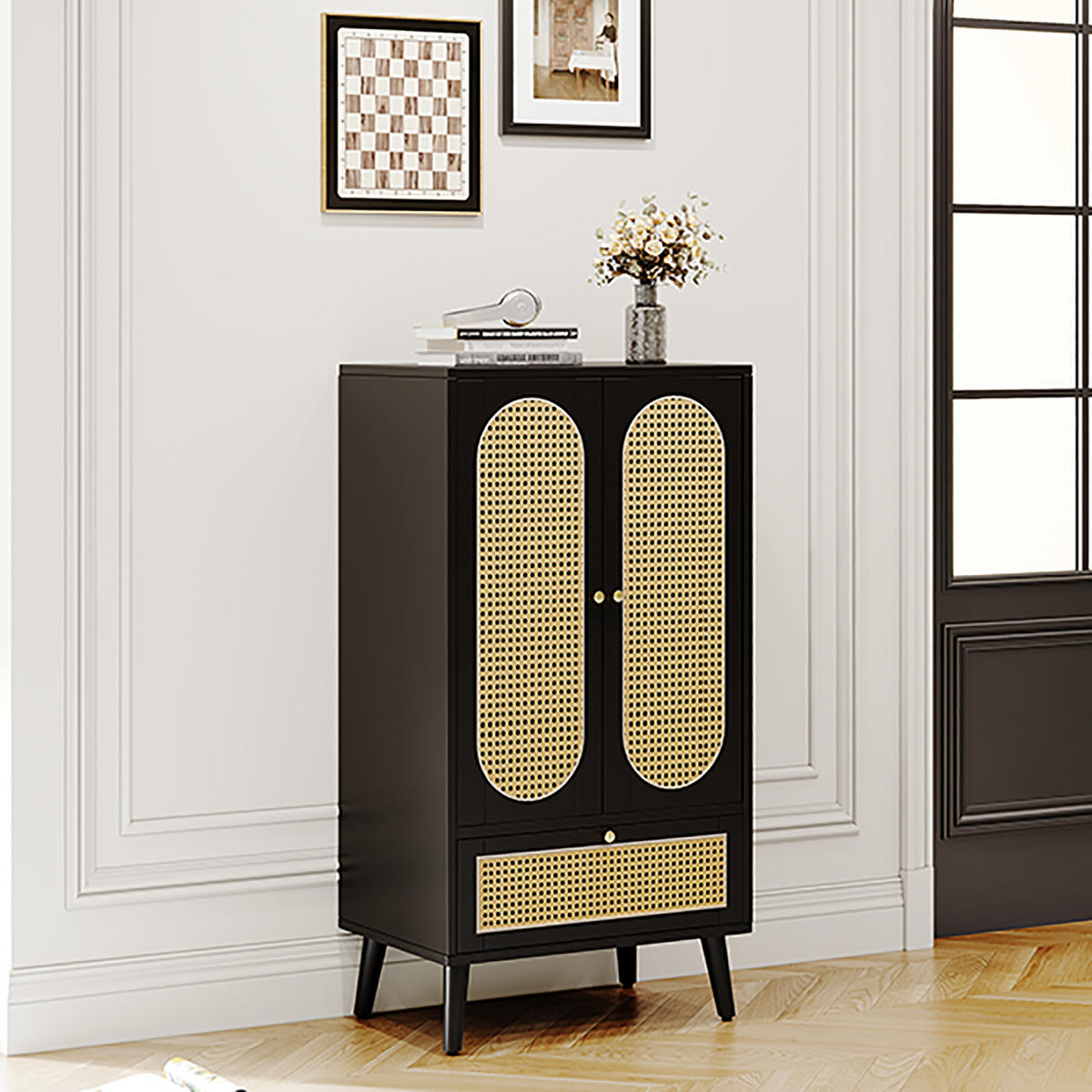 BEISTELLSCHRANK schwarz mit Rattanfront aus Spanplatte 60 × 40 × 110,5 cm - Schwarz, Holzwerkstoff (60/110.5/40cm) - Luhomfu
