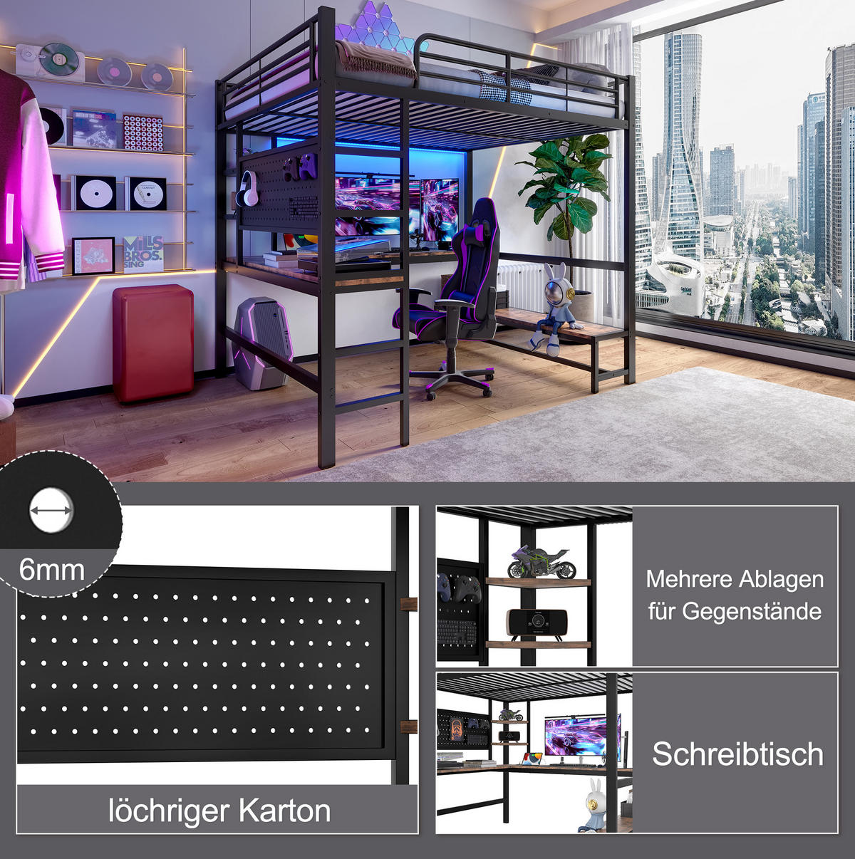 HOCHBETT 140/200 cm, Schwarz mit Schreibtisch, LED und USB-C - Schwarz, Metall (140/200cm) - MIVRAY