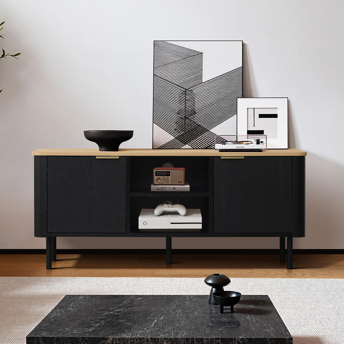 LOWBOARD TV-Schrank Modern, Schwarz & Holz | B120 x T40 x H52 cm - Schwarz, Holzwerkstoff (120/52/40cm) - Hometopia