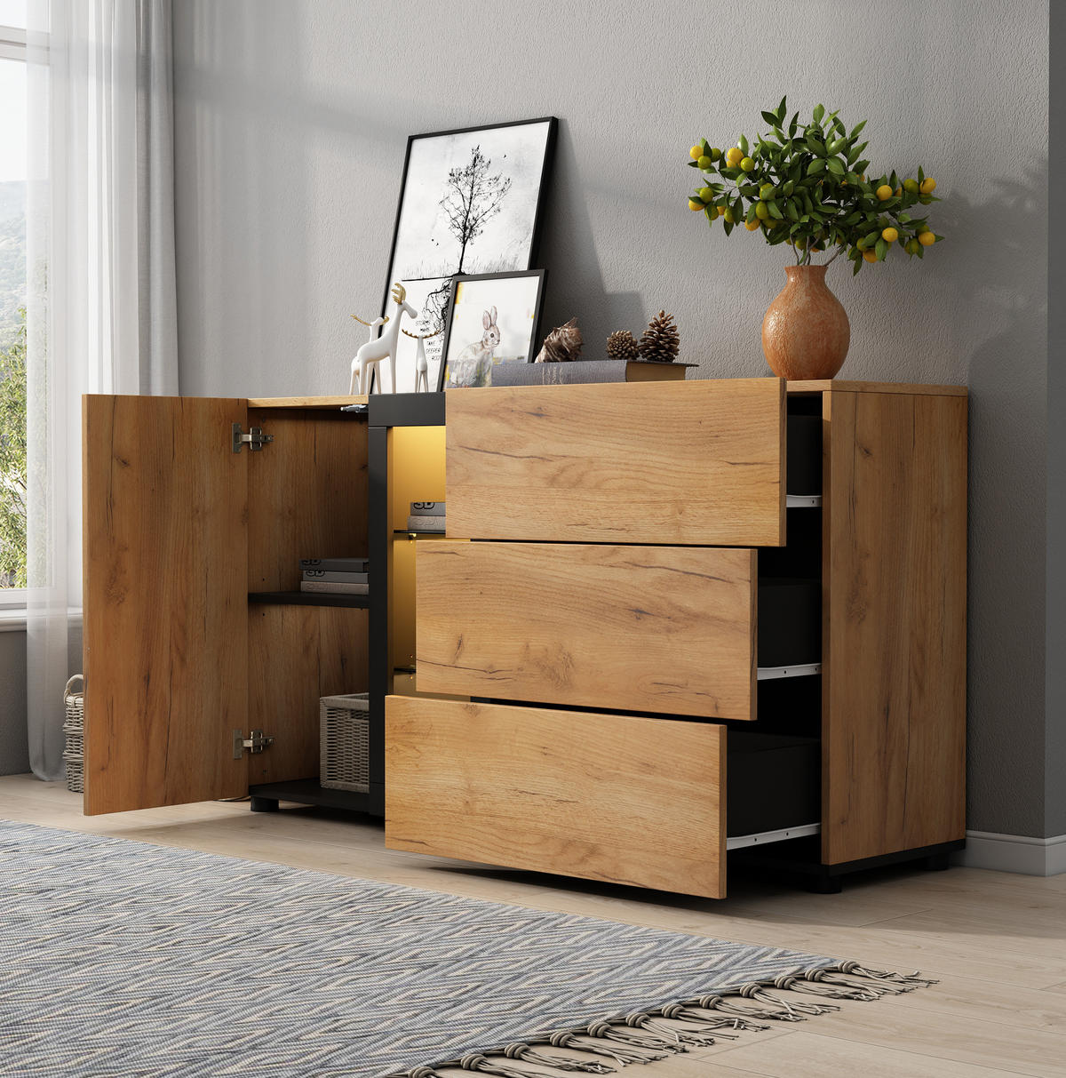 SIDEBOARD aus Spanplatte 140x40x80 cm Schwarz/Braun mit LED-Beleuchtung, 3 Schubladen und Glasböden - Braun, Holzwerkstoff (140/80/40cm) - IVMEU
