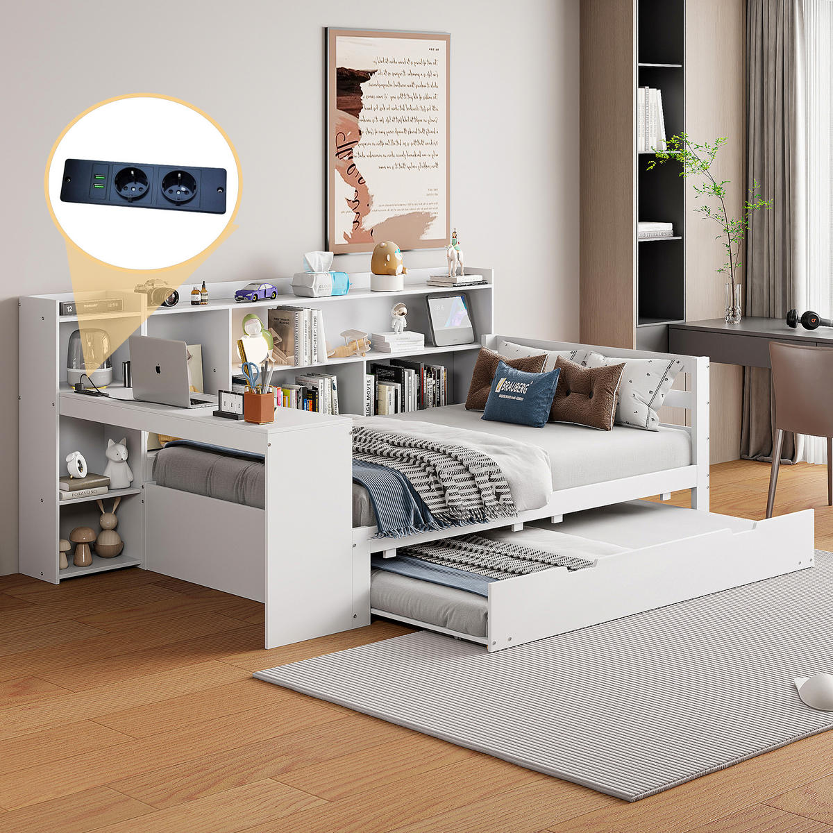 AUSZIEHBETT 90/200 cm DE-01353, in Weiß, mit Schreibtisch und Steckdose - Weiß, Holz (90/200cm) - ComfortXL