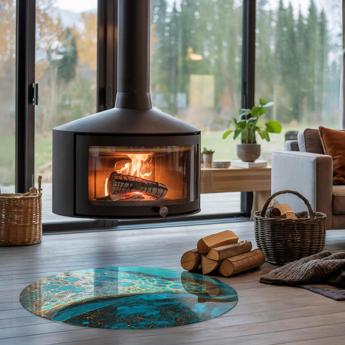 GLASPLATTE für Kamin Ø 90 cm - Türkis, Glas (90/90/0.4cm) - TULUP