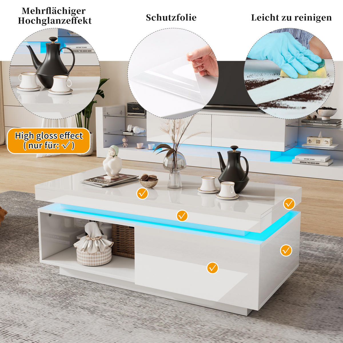 TV-SCHRANK-SET, Hochglanz, Couchtisch, Weiß - Weiß, Holzwerkstoff (50/40.3/100cm) - FLIEKS
