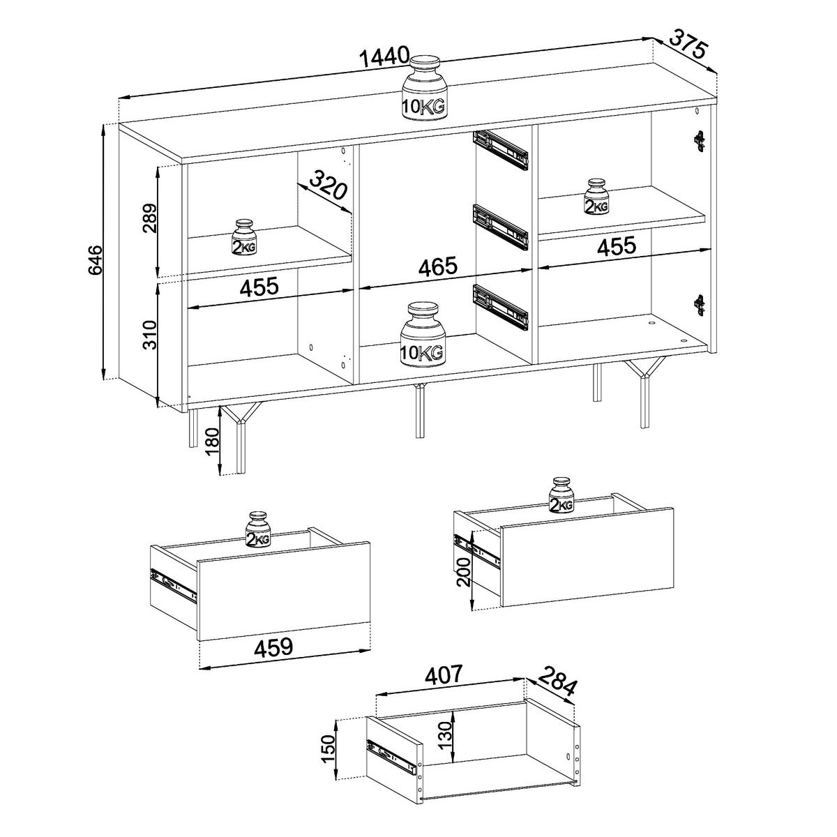 SIDEBOARD ORILLIA KOM2-2D3S Fräste Fronten, Schwarz - Schwarz, Holzwerkstoff/Kunststoff (144/83/38cm) - Komodee