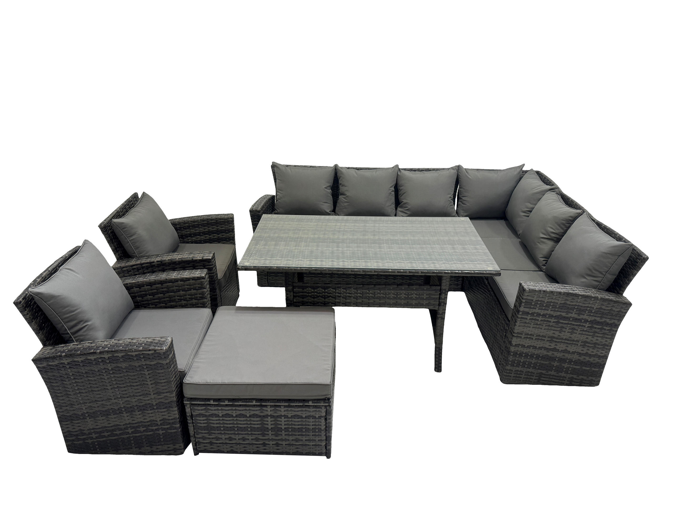 LOUNGEGARNITUR mit Esstisch Sofa Polyrattan Dunkelgrau 9-Sitzer - Dunkelgrau/Grau, Glas/Kunststoff - Fimous