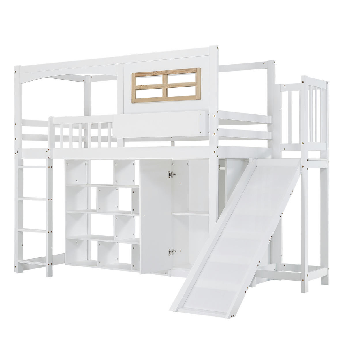 ETAGENBETT 90/200 cm mit Rutsche, Kleiderschrank und Regalen, Weiß/Natur - Weiß, Holzwerkstoff (90/200cm) - Redom