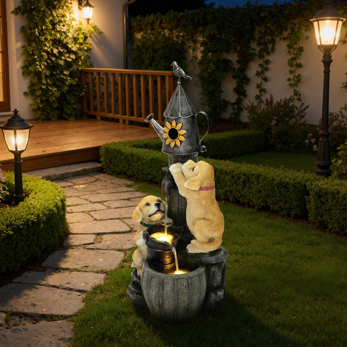 POLYRESIN-GARTENBRUNNEN,2 Hündchen+Vogelhaus,90x38x34cm,Garten/Balkon/Terrasse - Grau, Kunststoff (34/38/90cm)