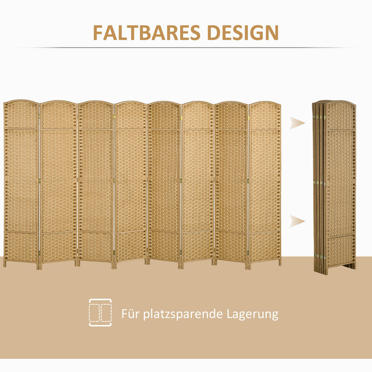 PARAVENT 8-teilig 320 x 170 cm Raumteiler Trennwand aus Kiefernholz Natur - Naturfarben, Kunststoff (1.6/170/320cm) - HOMCOM