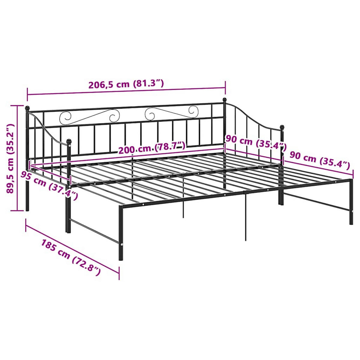 AUSZIEHSOFA Bettgestell Schwarz Metall 90/200 Cm - Schwarz, Naturmaterialien (90/200cm) - vidaXL
