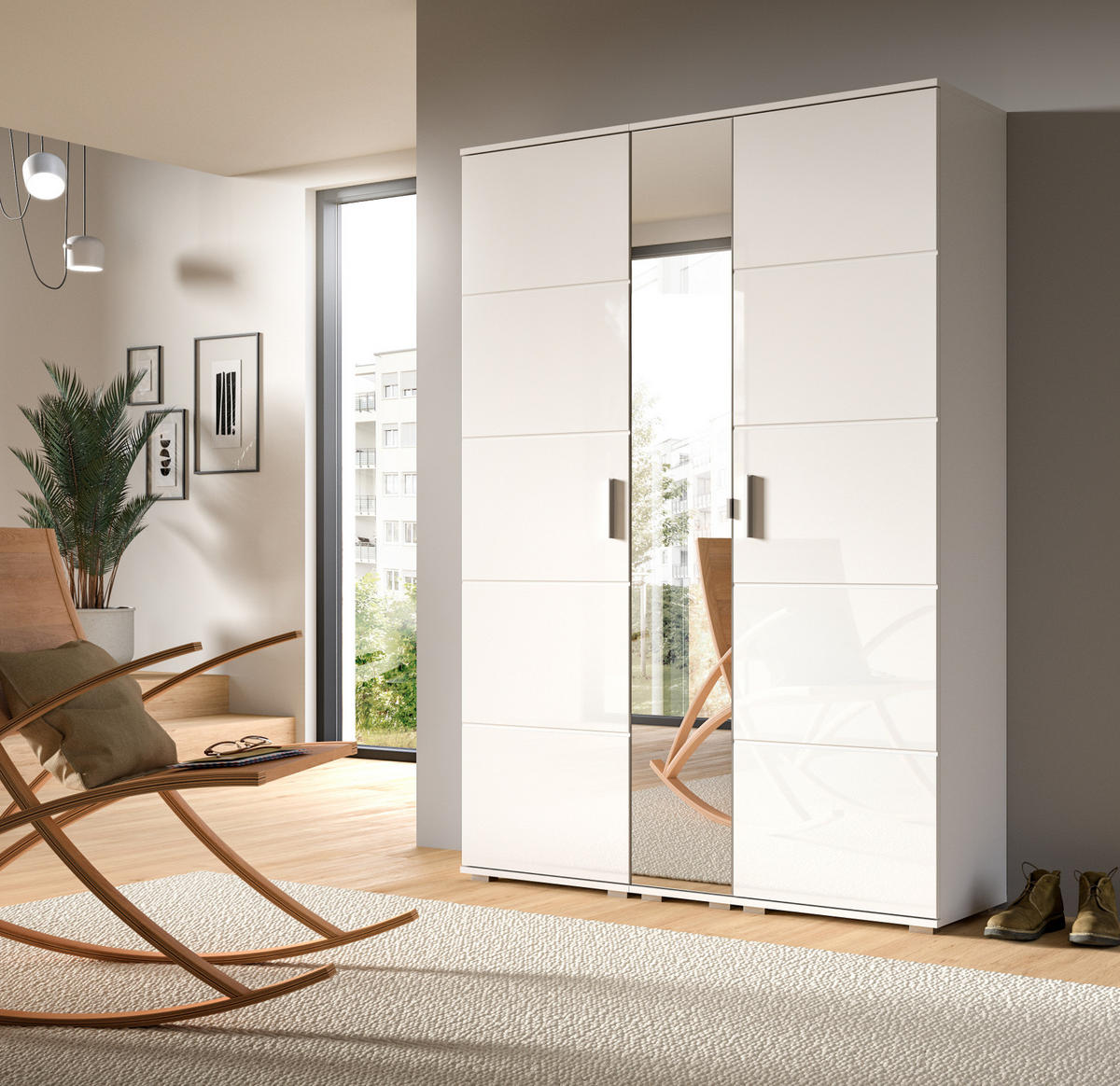 GARDEROBE Set weiß Hochglanz 3-teilig 140 cm, Kombination mit 12 Fächern - Weiß Hochglanz/Silberfarben, Glas/Holzwerkstoff (140/191/37cm) - Inn.Furn