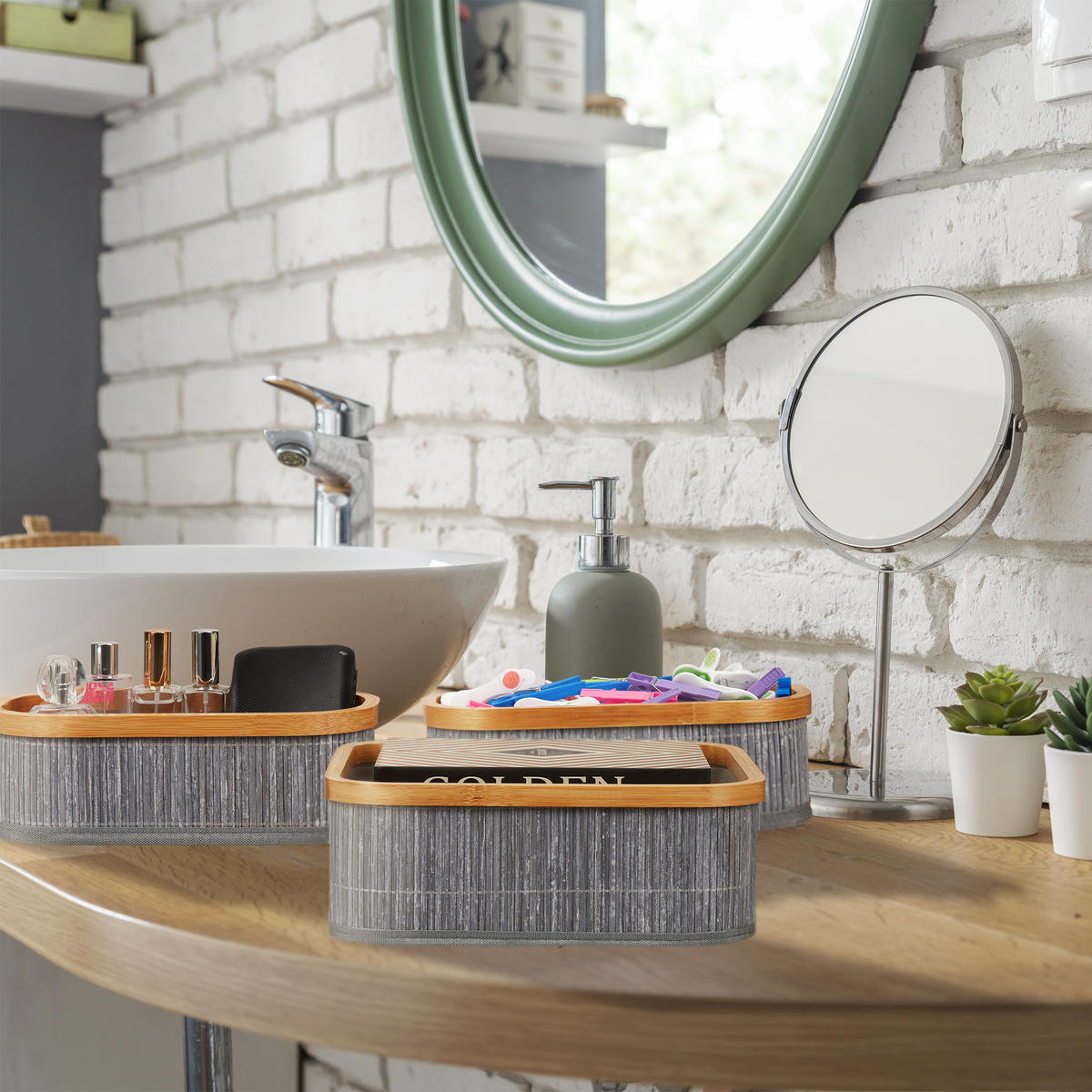 3TLG.AUFBEWAHRUNGSKORB - Multicolor, Holz/Holzwerkstoff (33.5/33.5/12.5cm) - Relaxdays