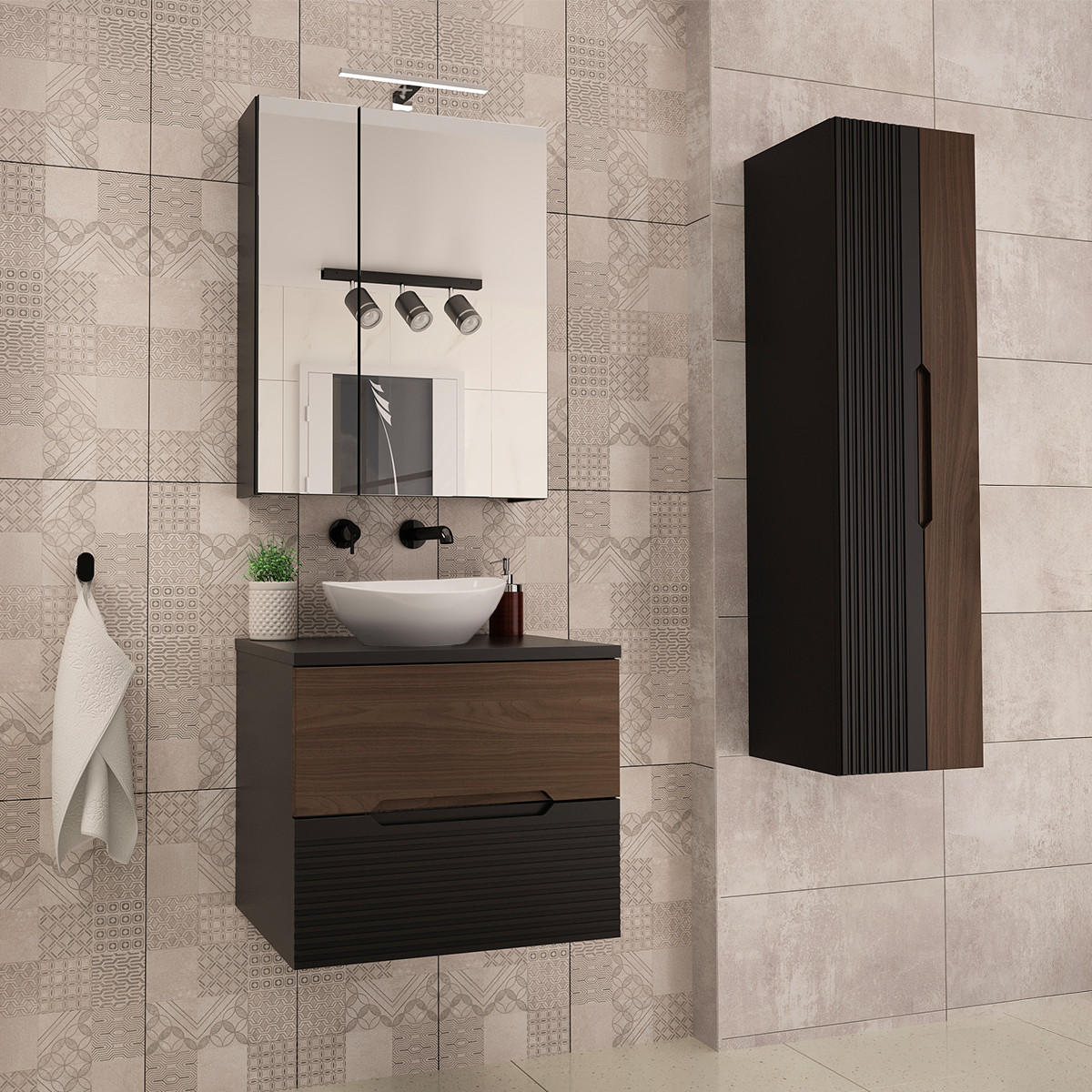 BADMÖBEL 60.6cm Sylla 2er-Set Schwarz und Holz - Schwarz, Holzwerkstoff (60.6/52.2/46.5cm) - Petits-meubles