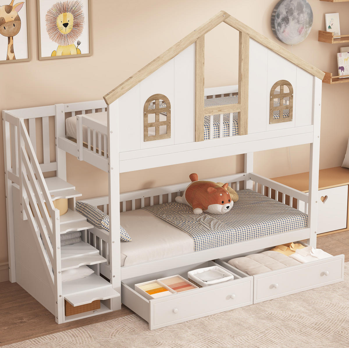 ETAGENBETT aus Kiefer und MDF 90x200 cm Weiß/Natur mit Stauraumtreppe und Schubladen - Weiß, Holz (90/200cm) - Modfu