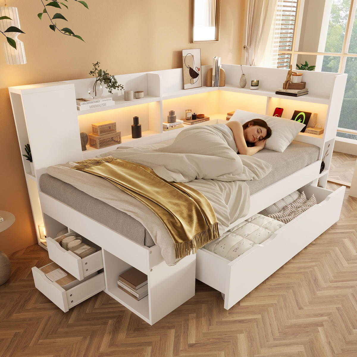 TAGESBETT 90/200 cm mit LED-Beleuchtung, USB- und Typ-C-Anschluss, Stauraum und Matratze, Weiß - Weiß, Holzwerkstoff (90/200cm) - Redom