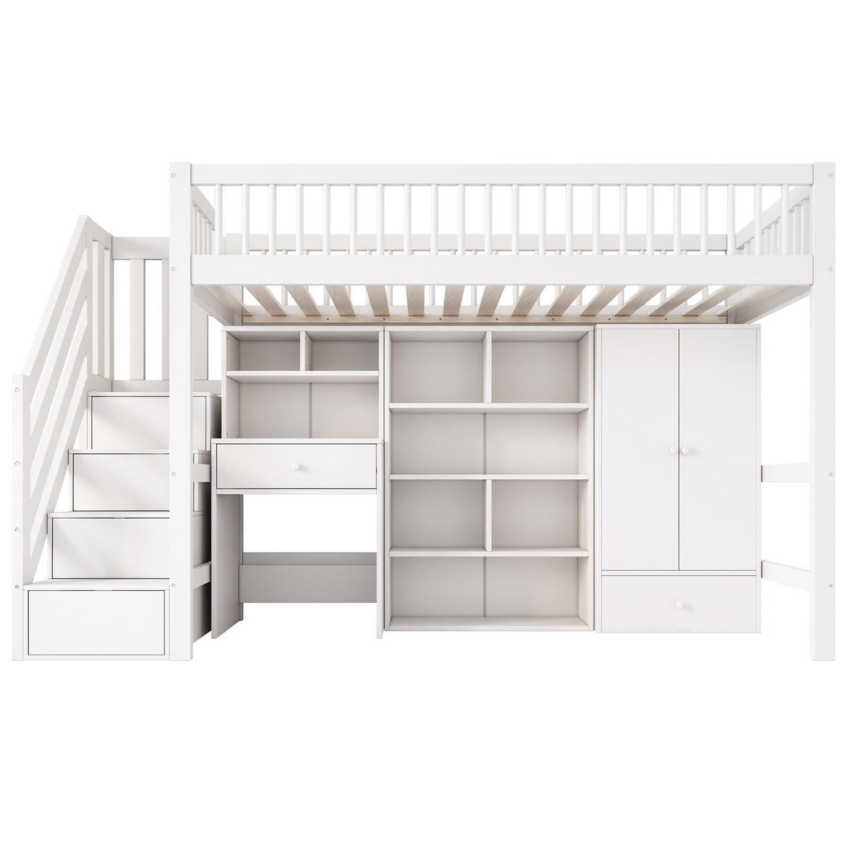 KINDERBETT 90/200 cm mit Schreibtisch, Treppe, Kleiderschrank und Stauraum aus Massivholz/MDF, Weiß - Weiß, Holzwerkstoff (90/200cm) - Redom